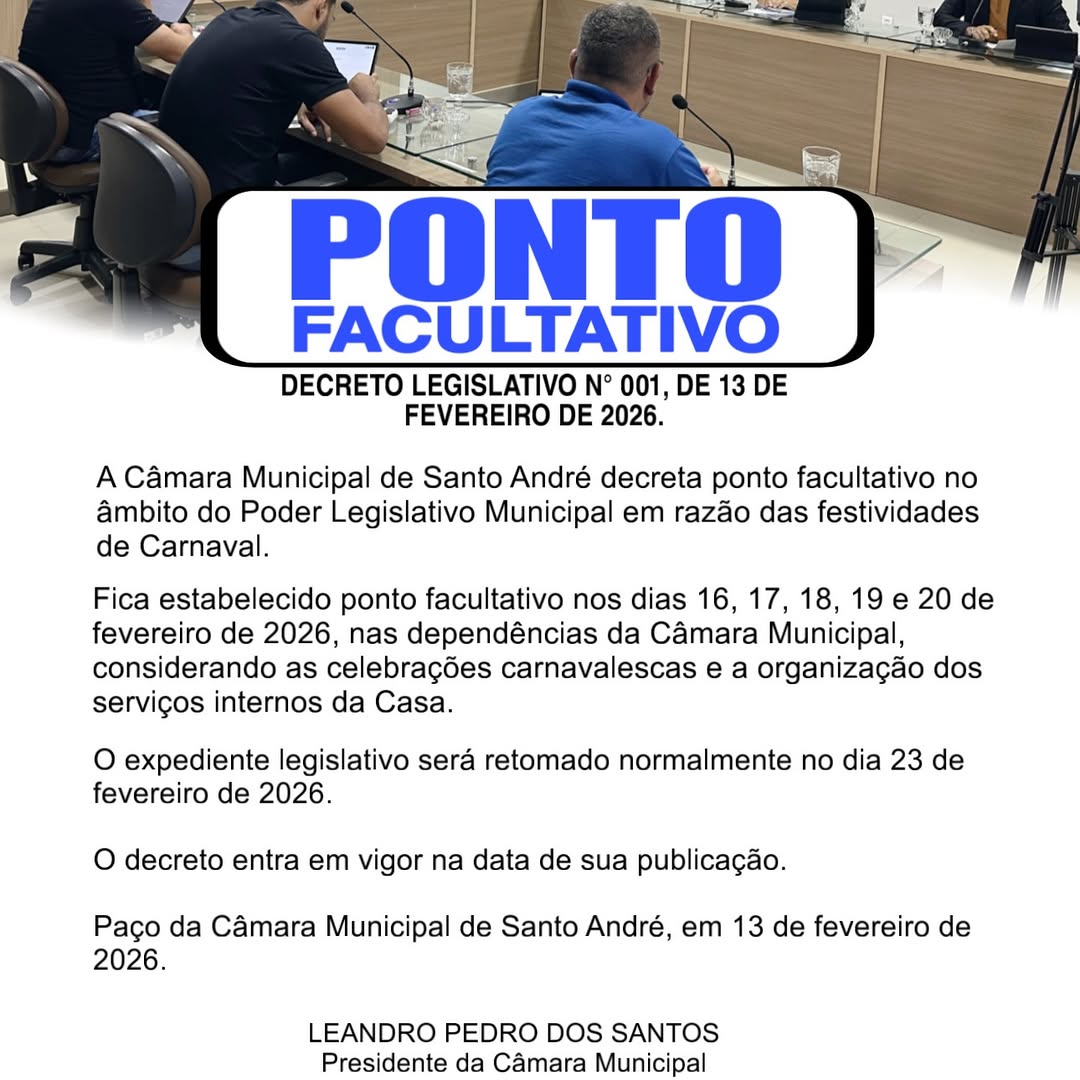 Câmara de Santo André decreta ponto facultativo para o Carnaval 2026