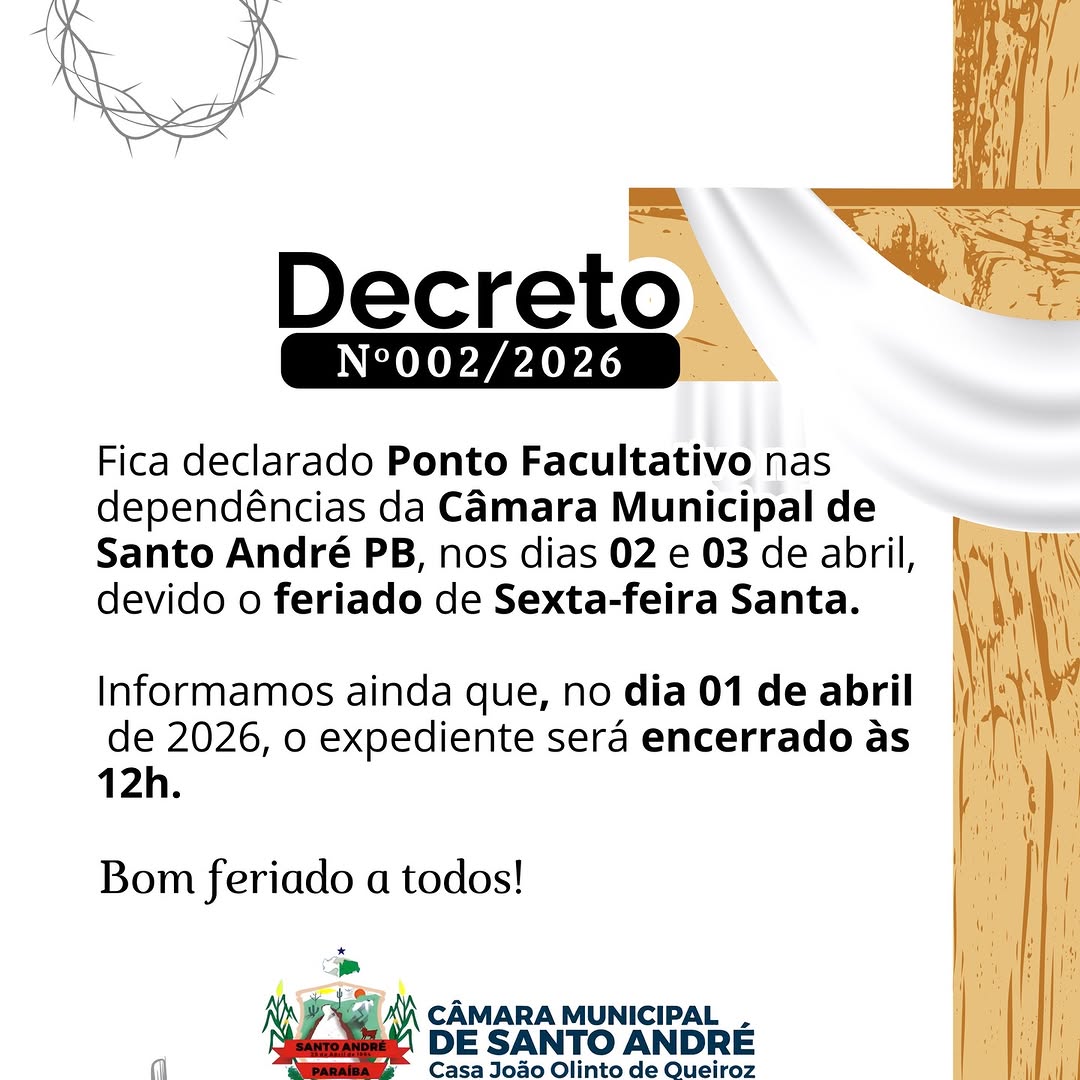 Câmara de Santo André-PB detalha ponto facultativo e expediente de 2026