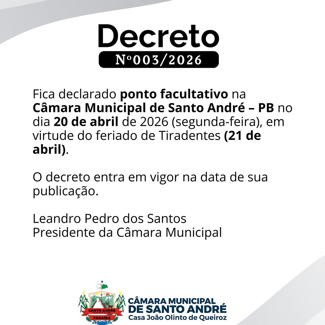 Câmara de Santo André decreta ponto facultativo antes de Tiradentes