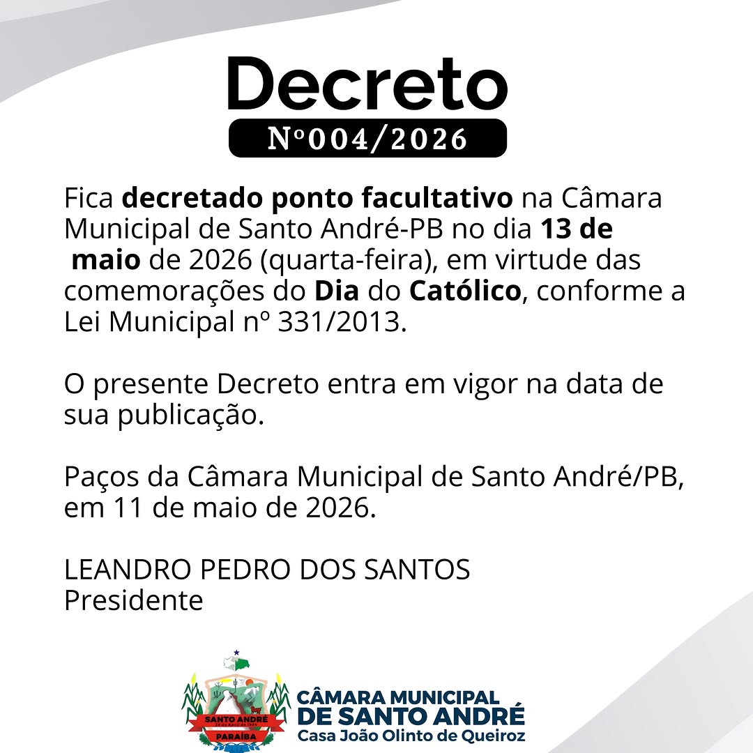 Câmara de Santo André-PB: Ponto Facultativo em 13 de Maio pelo Dia do Católico